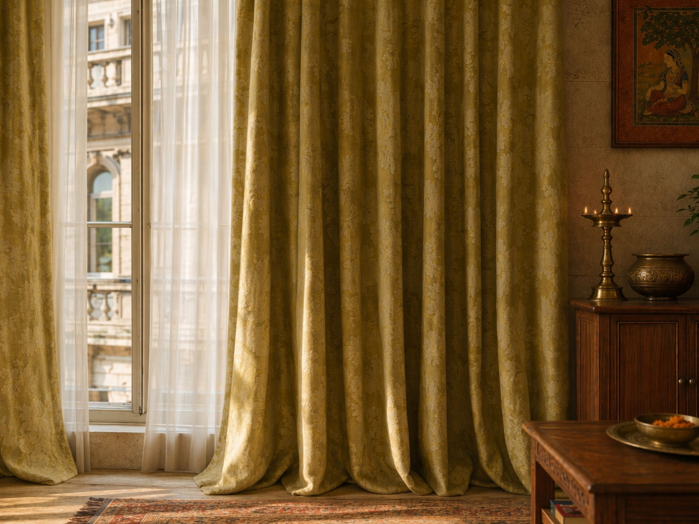 Floor-length curtain furnishing in muted mustard yellow with a subtle woven damask pattern, layered over soft white sheers - Beautiful Homes