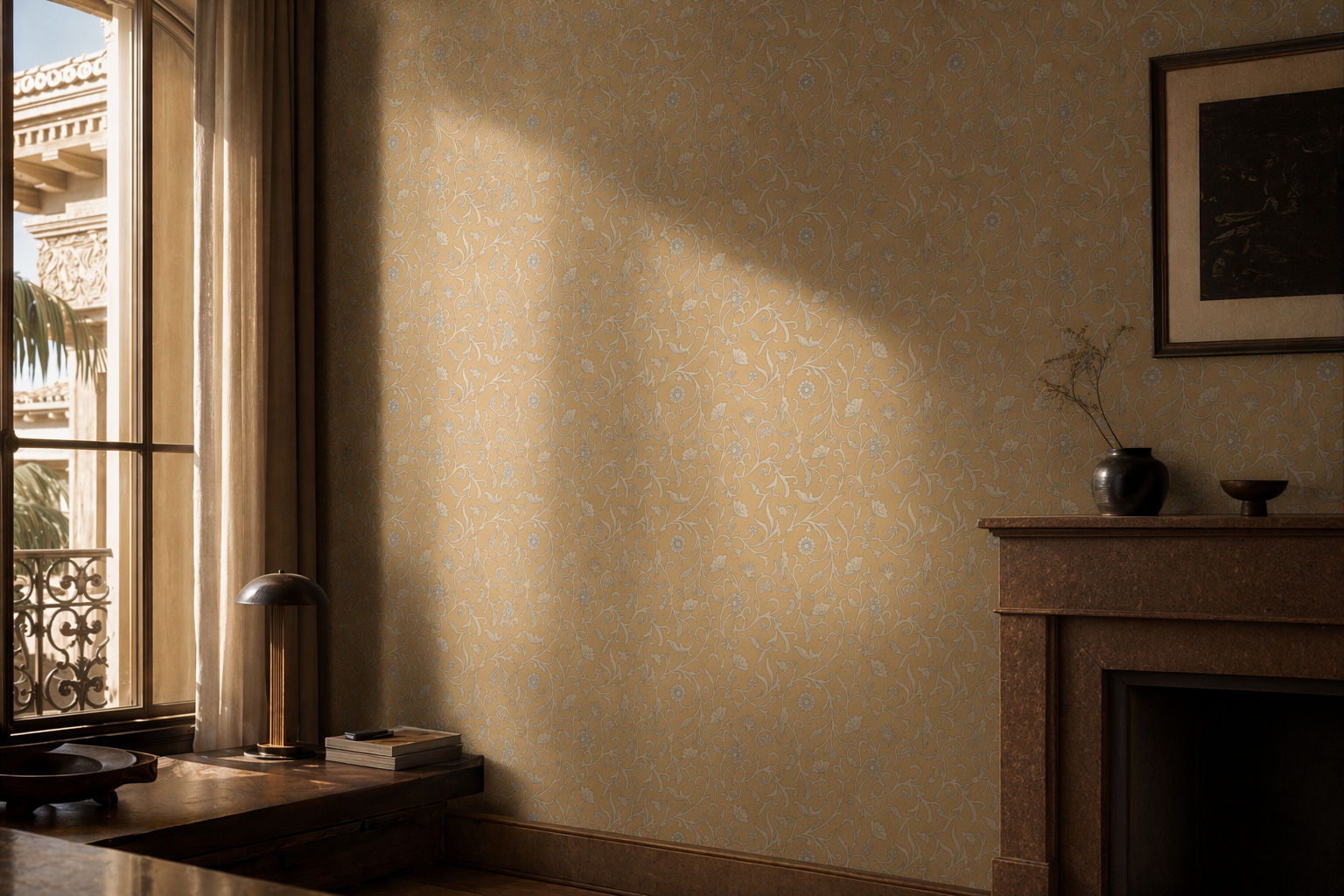 Mustard yellow wallpaper with a delicate floral vine pattern in soft light tones - Beautiful Homes