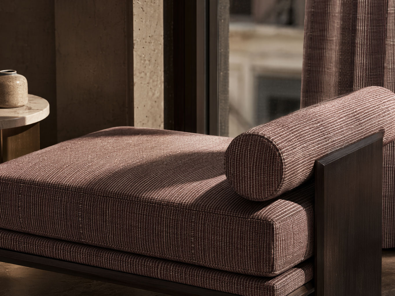 Contemporary daybed with textured mauve woven upholstery and matching bolster cushion - Beautiful Homes
