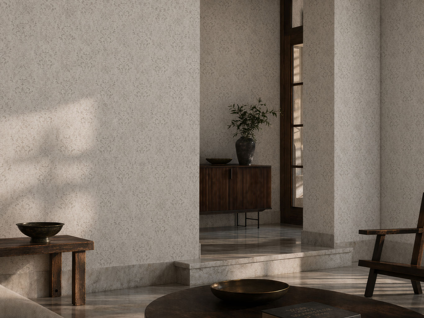 Light beige wallpaper with a subtle damask floral pattern - Beautiful Homes