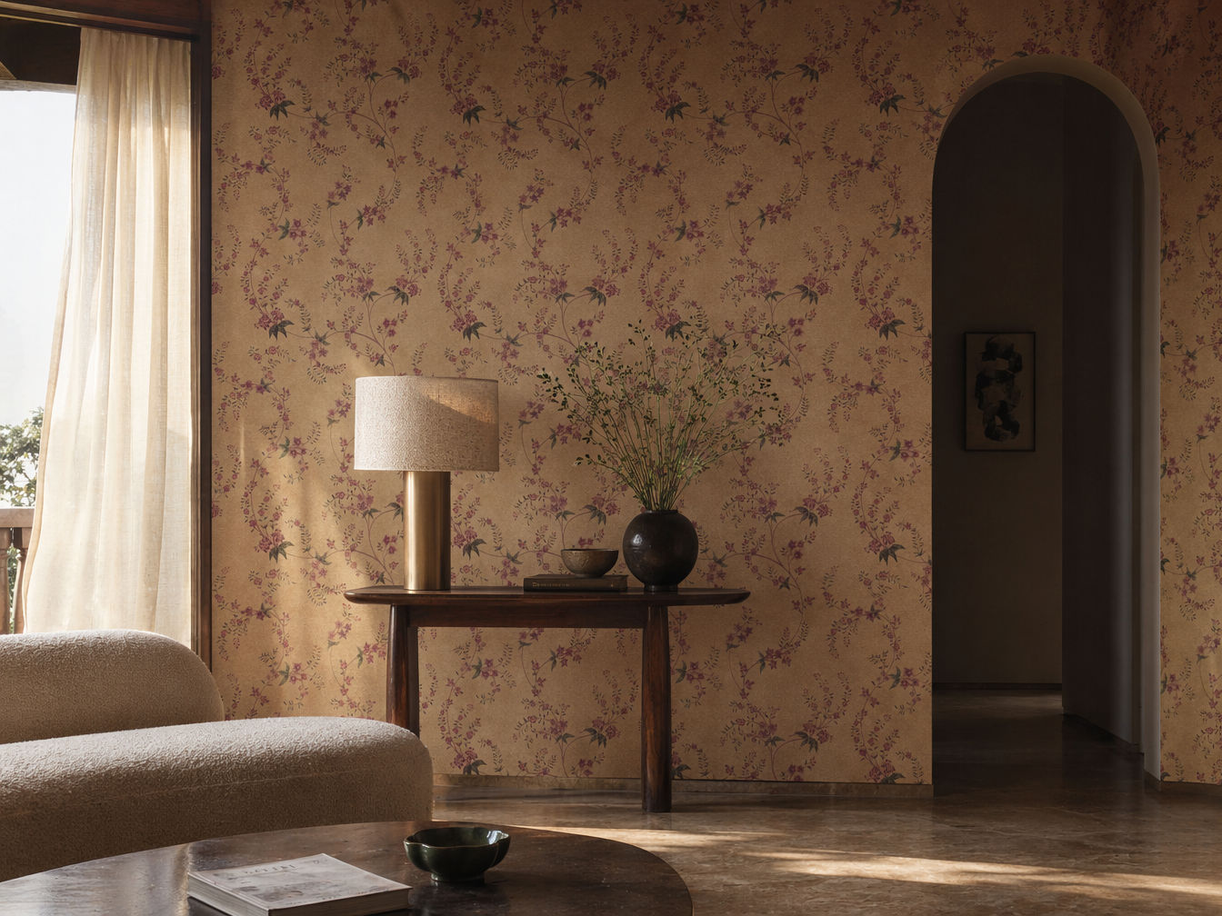 Living room wallpaper in a warm ochre tone with a delicate floral vine pattern - Beautiful Homes