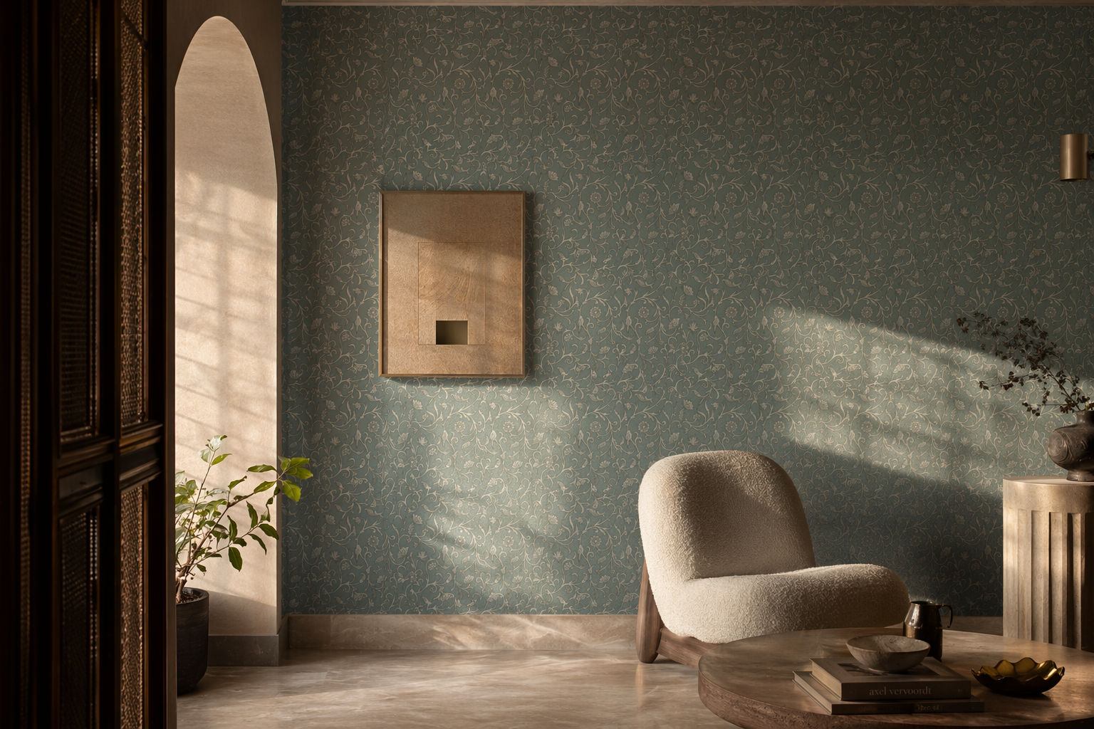 Muted teal wallpaper with a delicate cream floral vine pattern, styled on a living room wall beside an arched doorway - Beautiful Homes