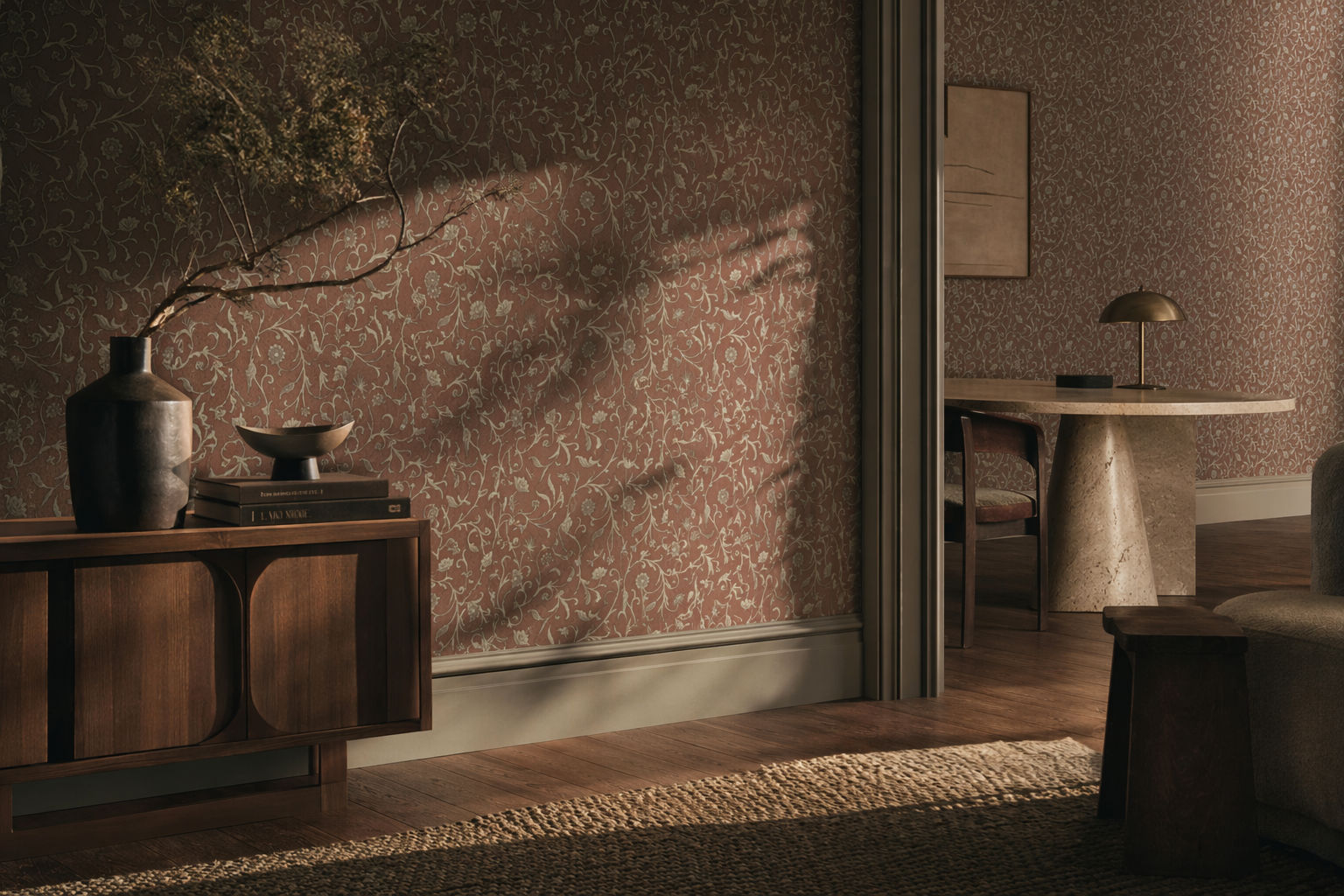 Terracotta wallpaper with a delicate trailing floral pattern - Beautiful Homes