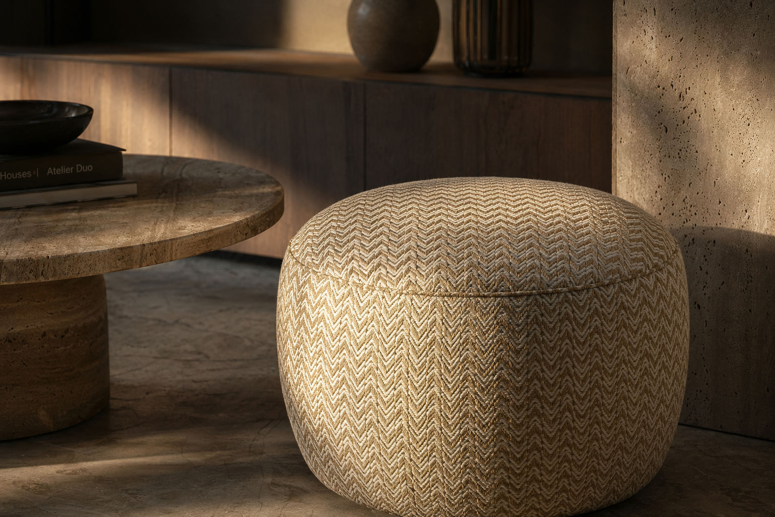 Rounded furnishing pouf with a woven herringbone pattern in beige, cream, and ochre tones - Beautiful Homes