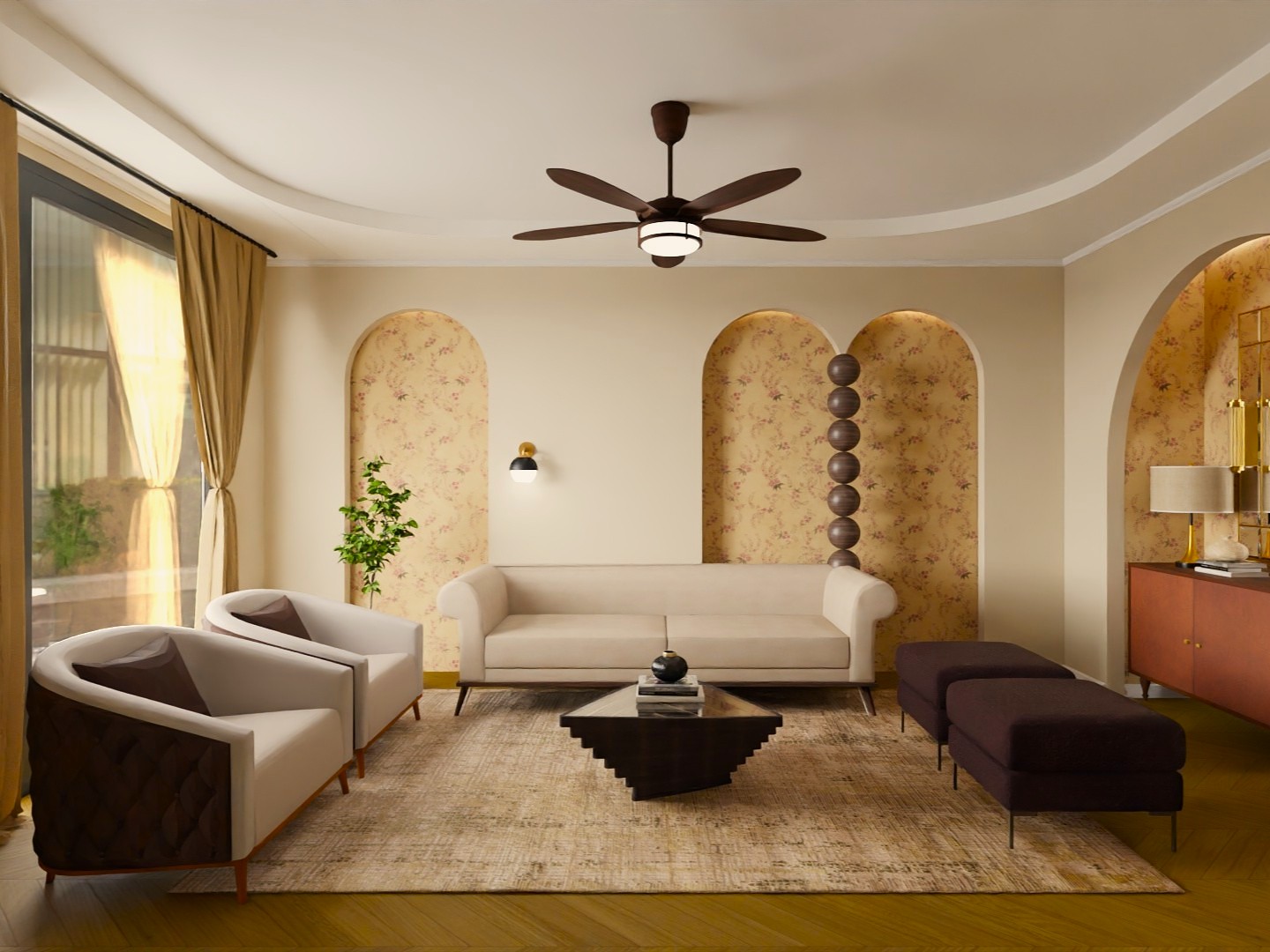 Beige living room with sofa, chairs, and floral wall - Beautiful Homes