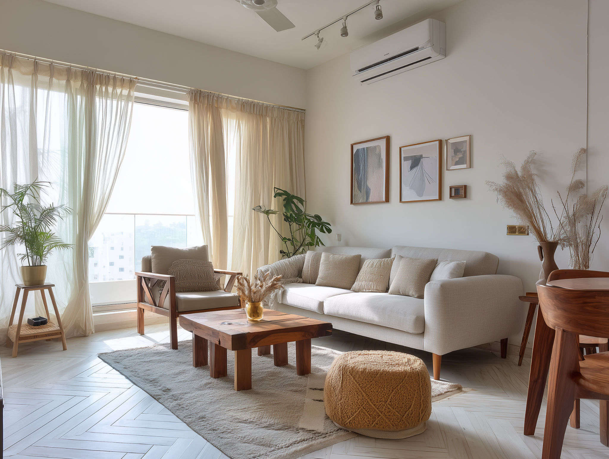 Living room with white sofa and wooden table - Beautiful Homes