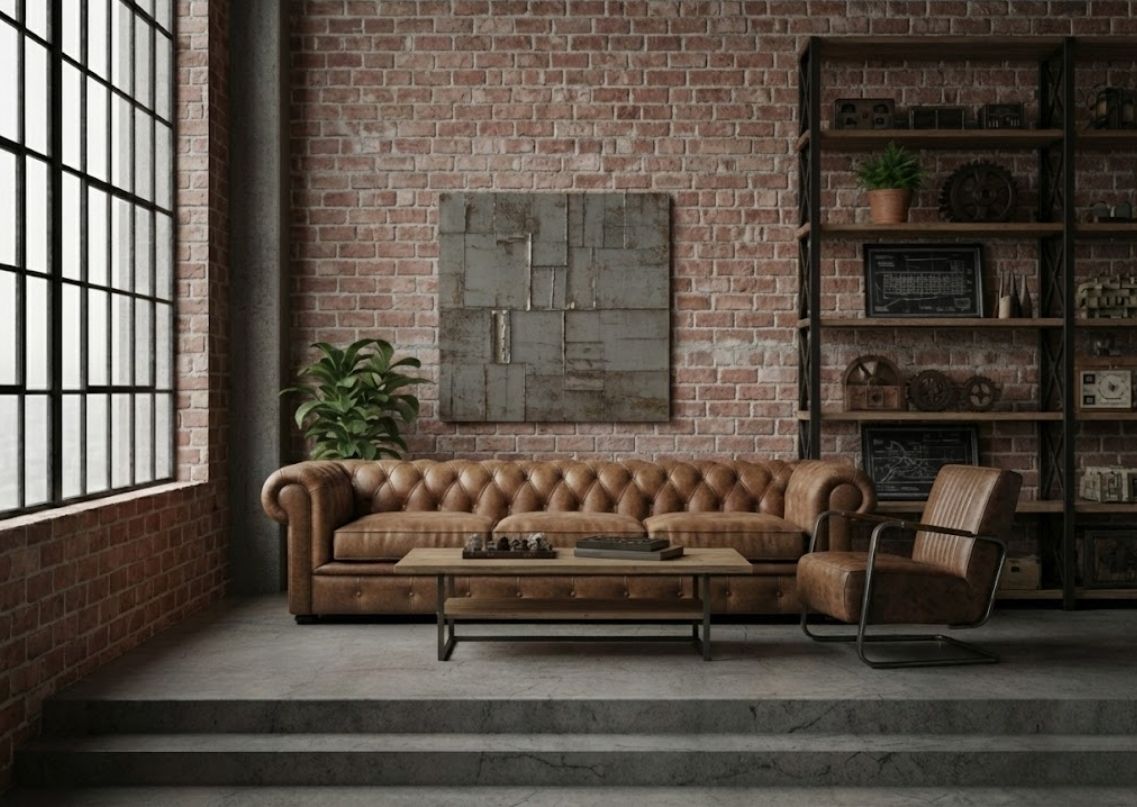 Living room with leather sofa and brick walls - Beautiful Homes