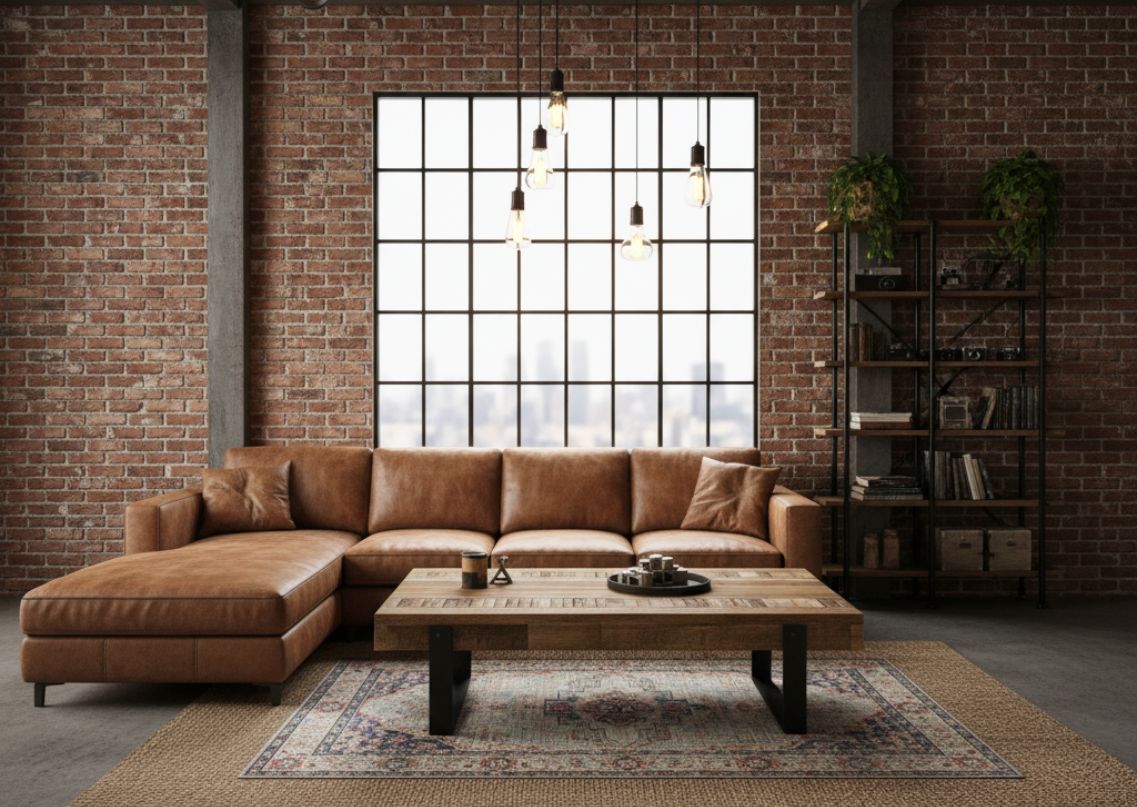 Loft-style living room with leather sofa and brick wall - Beautiful Homes