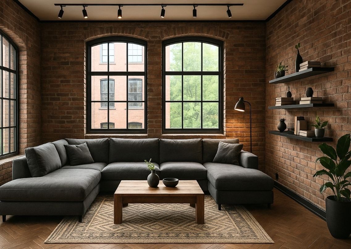 Industrial living room with brick walls and modern décor - Beautiful Homes