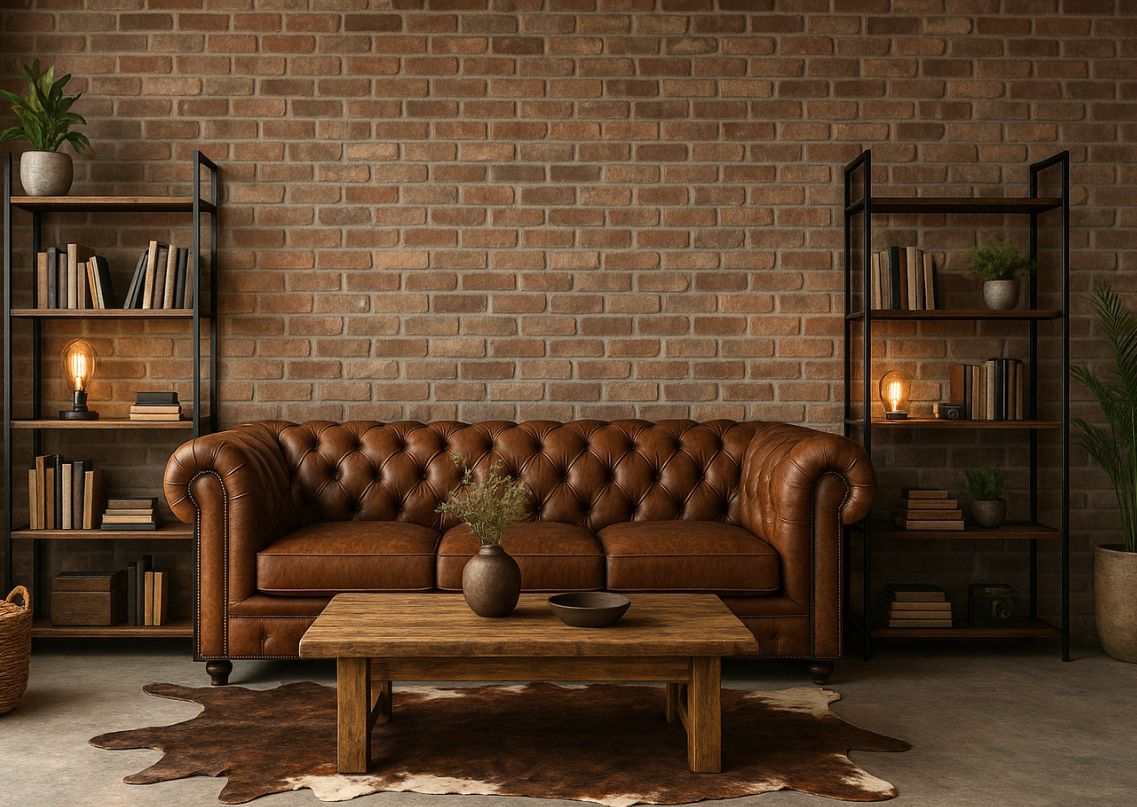 Rustic living space with leather sofa and décor - Beautiful Homes