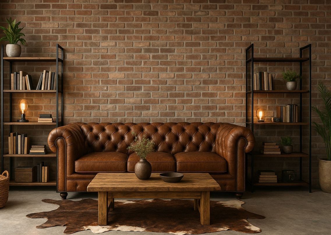 Rustic living space with leather sofa and décor - Beautiful Homes