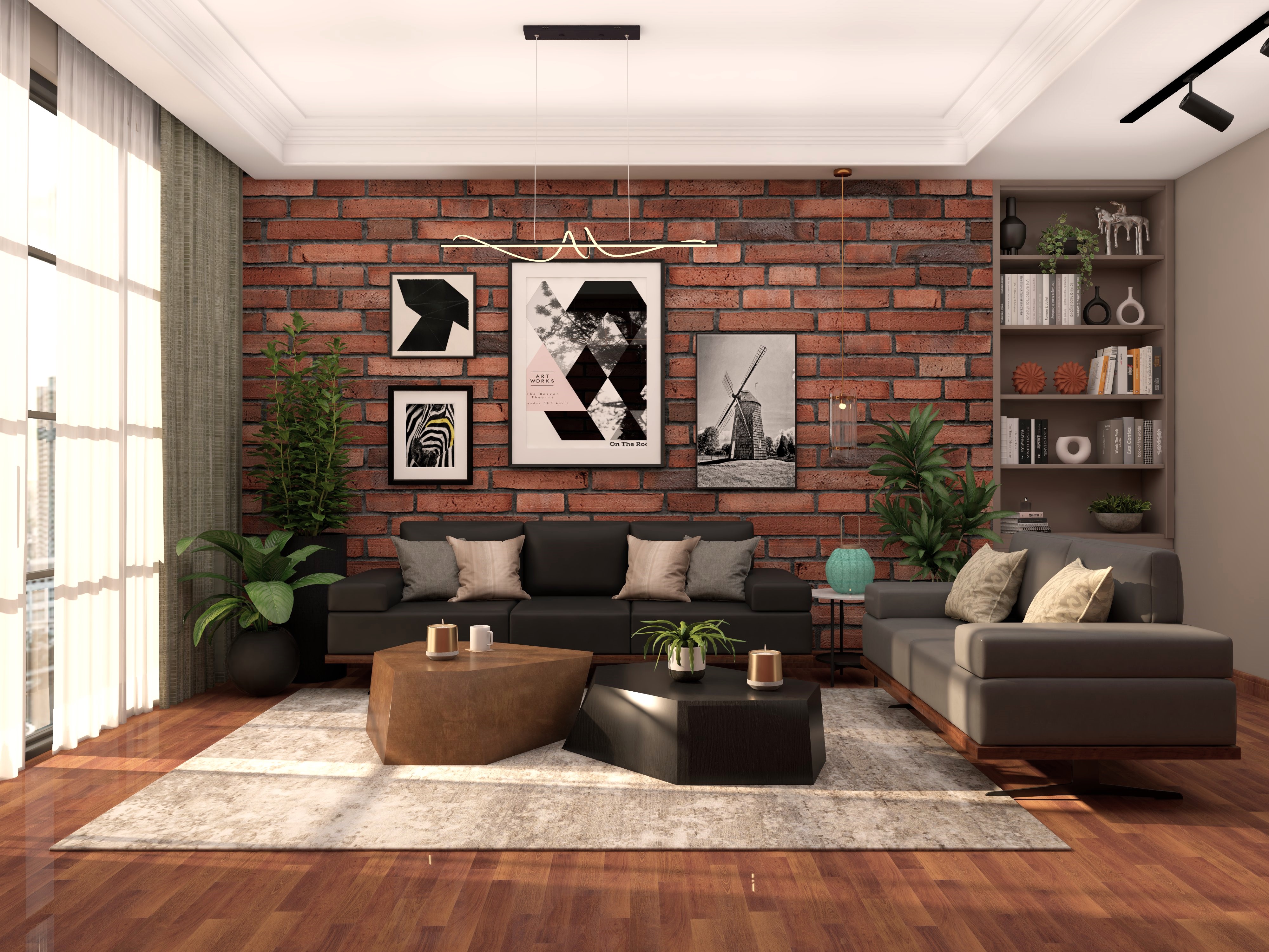 Industrial living room with leather sofa and brick accent wall - Beautiful Homes