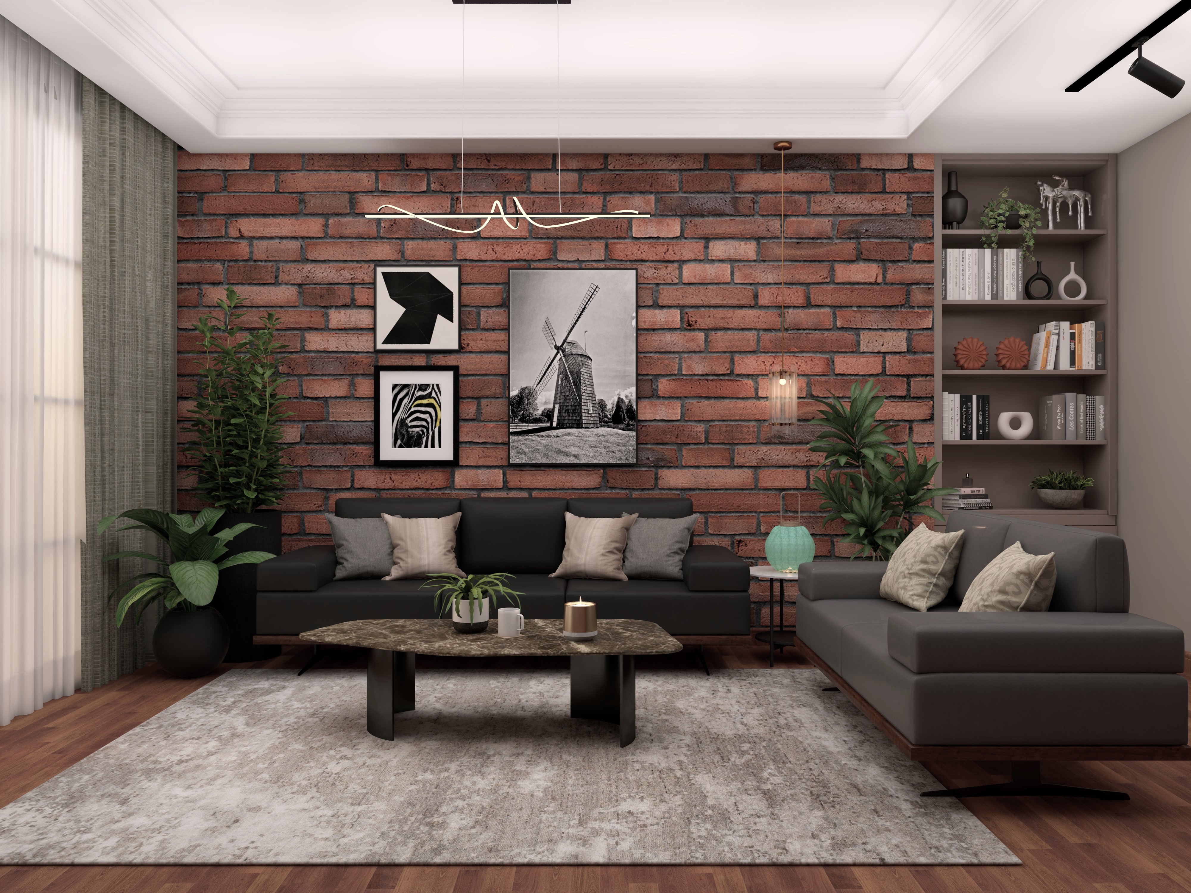 Elegant living room with grey sofa and brick wall - Beautiful Homes