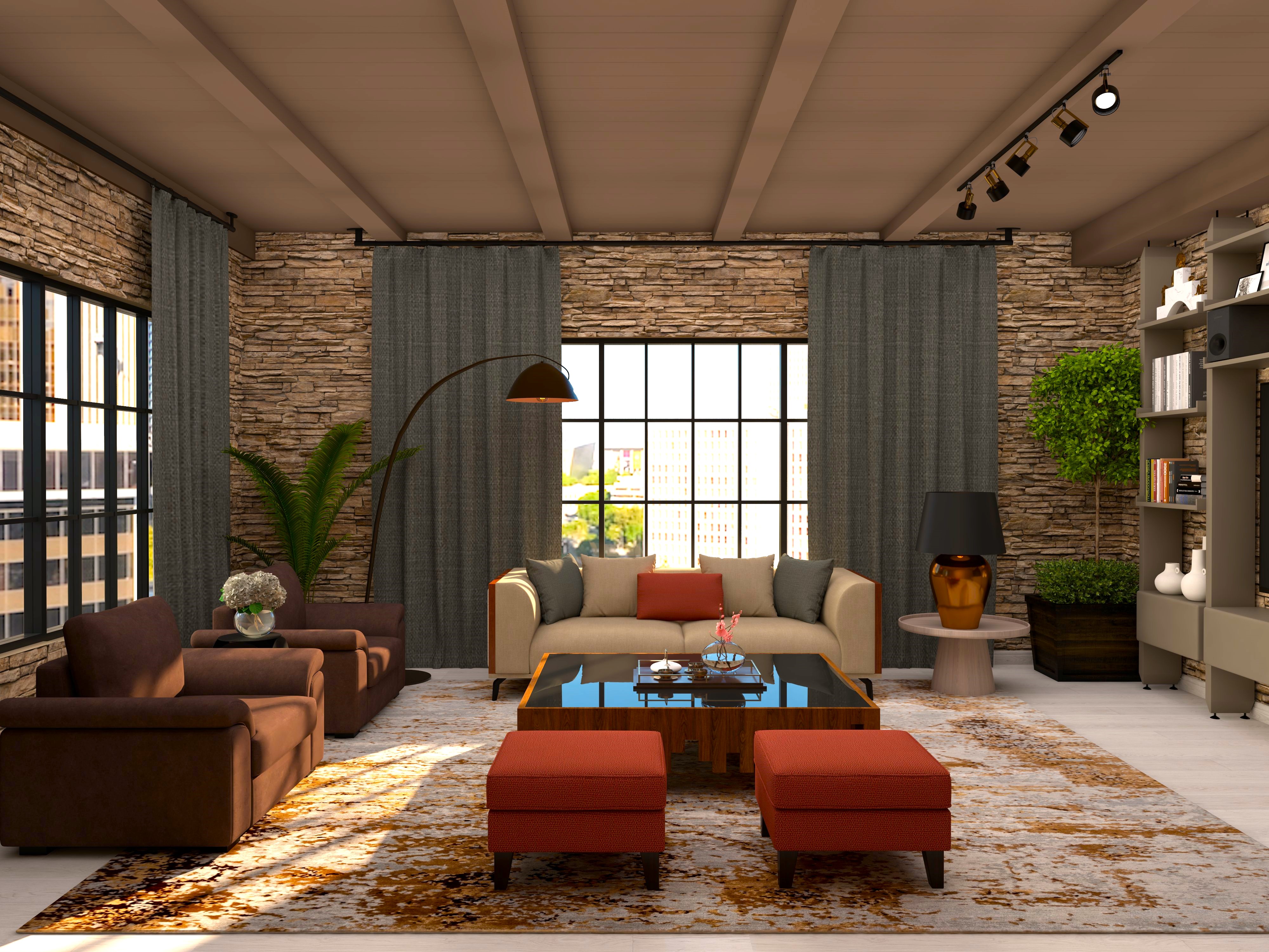 Industrial style living room with exposed stone walls-Beautiful Homes