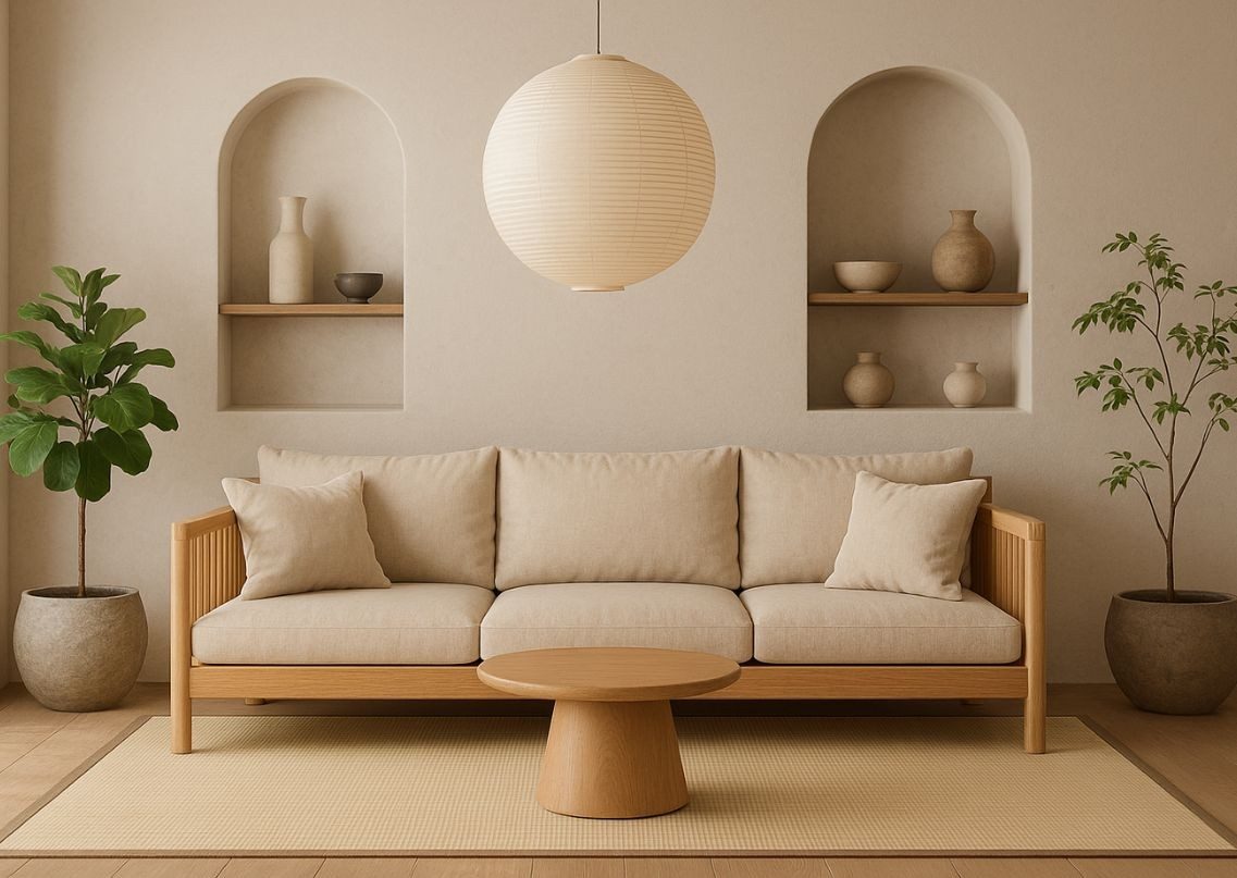 Living room with beige sofa and wooden table - Beautiful Homes