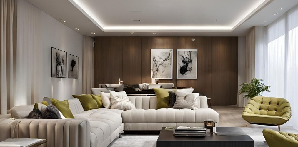 L-shaped light grey sofa with wooden wall paneling - Beautiful Homes