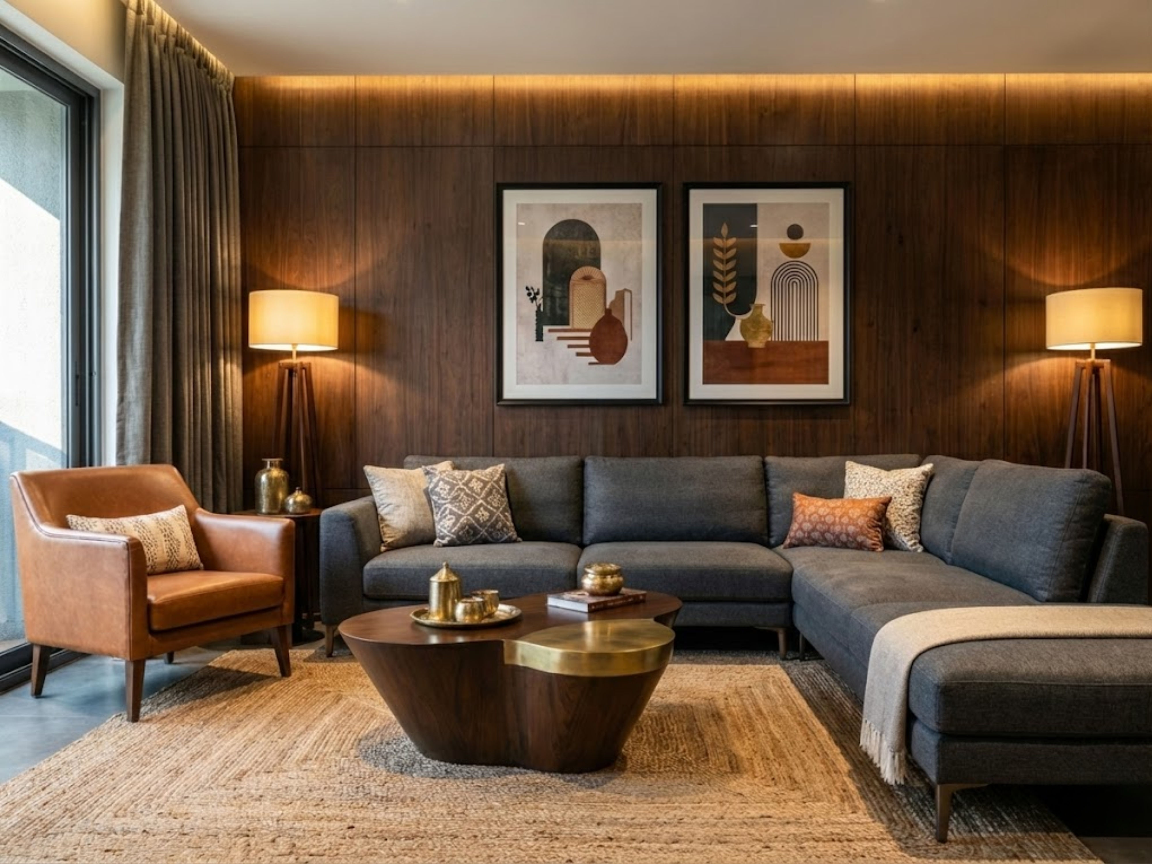 Modern living room with grey sofa and wooden décor - Beautiful Homes