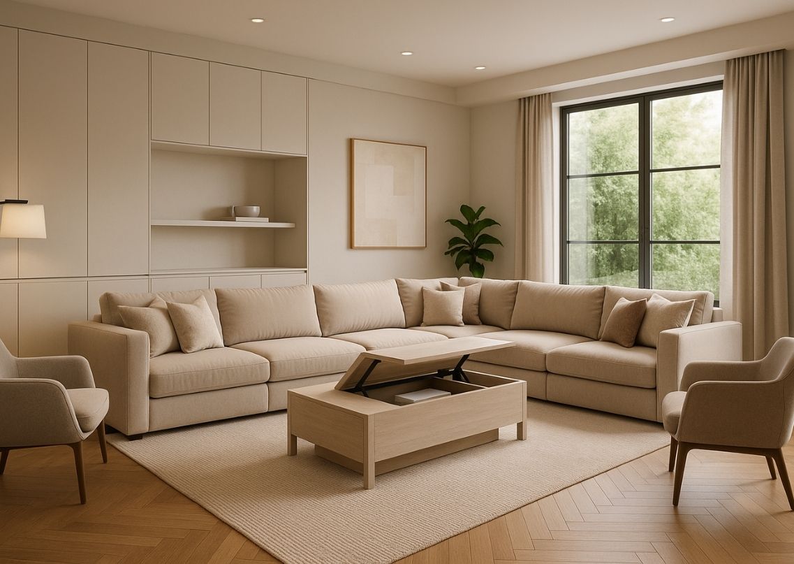 Modern living room with beige sofa and wood accents - Beautiful Homes