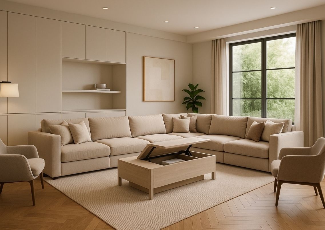 Modern living room with beige sofa and wood accents - Beautiful Homes