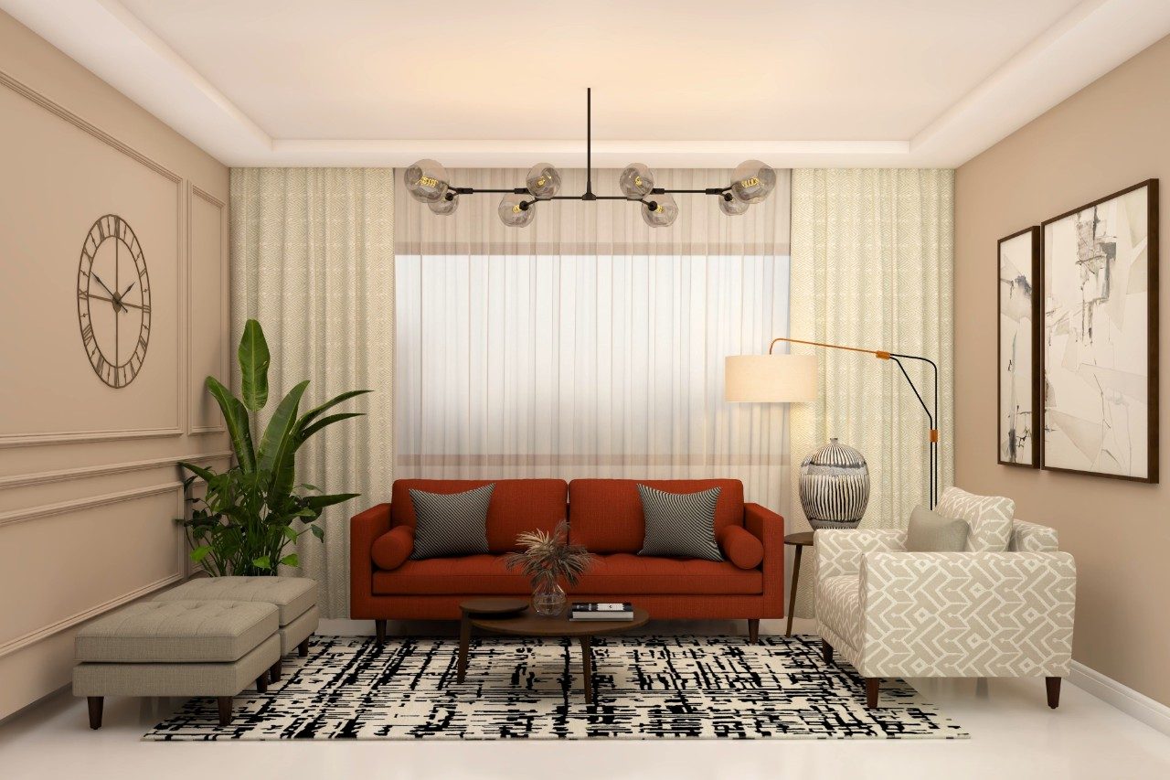 Light colored living room with red 3-seater sofa and accent chair with printed upholstery