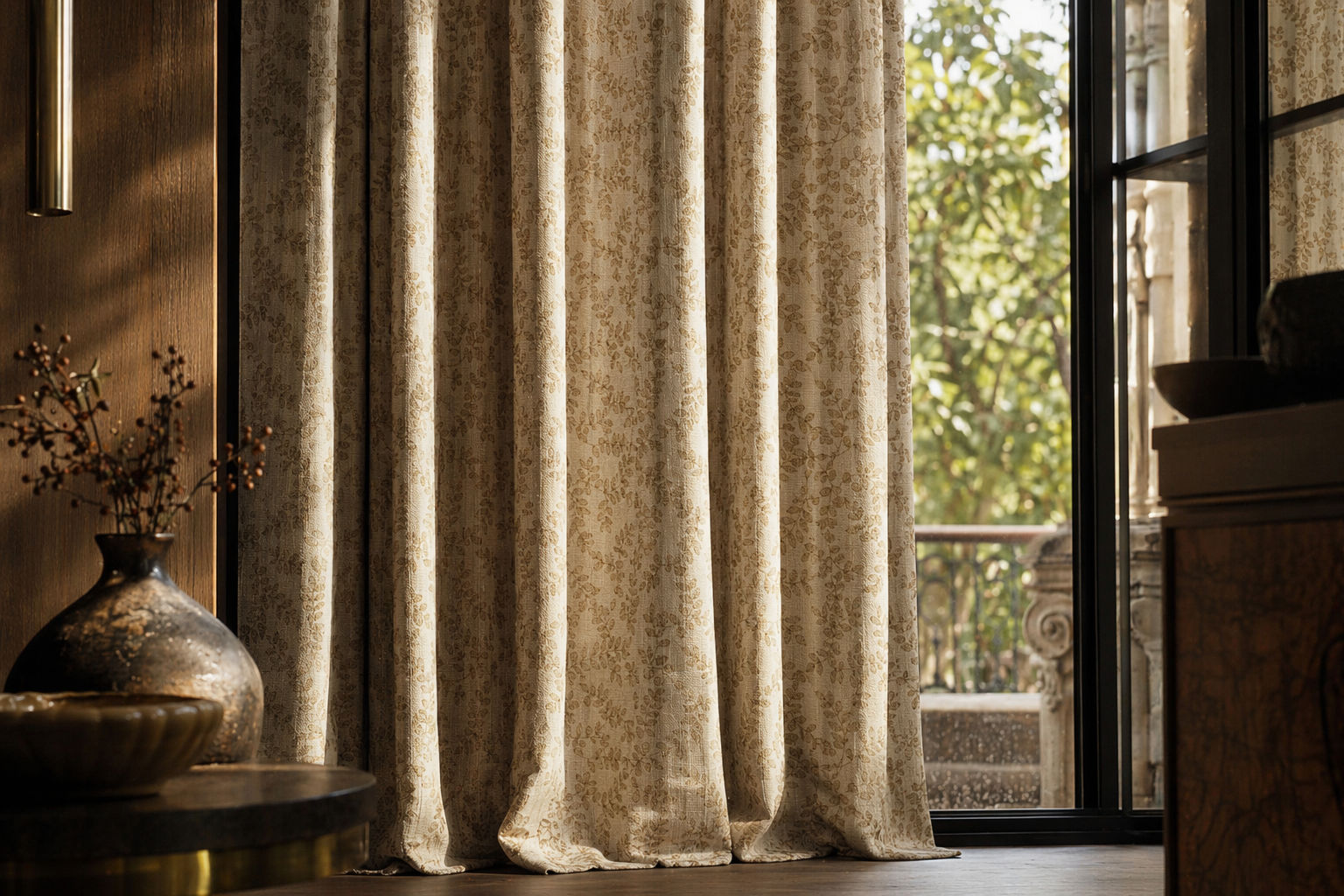 " Floor-length curtain in cream linen-look fabric with a delicate golden-brown leaf pattern - Beautiful Homes"