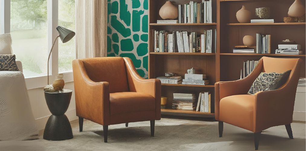 Living room corner design with leather chairs and bookshelf - Beautiful Homes