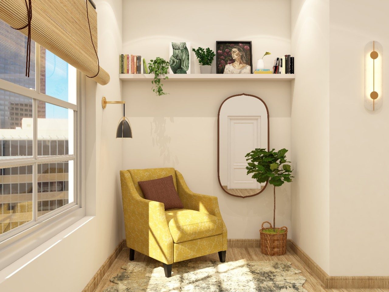 Living room corner seating with yellow armchair and oval mirror - Beautiful Homes
