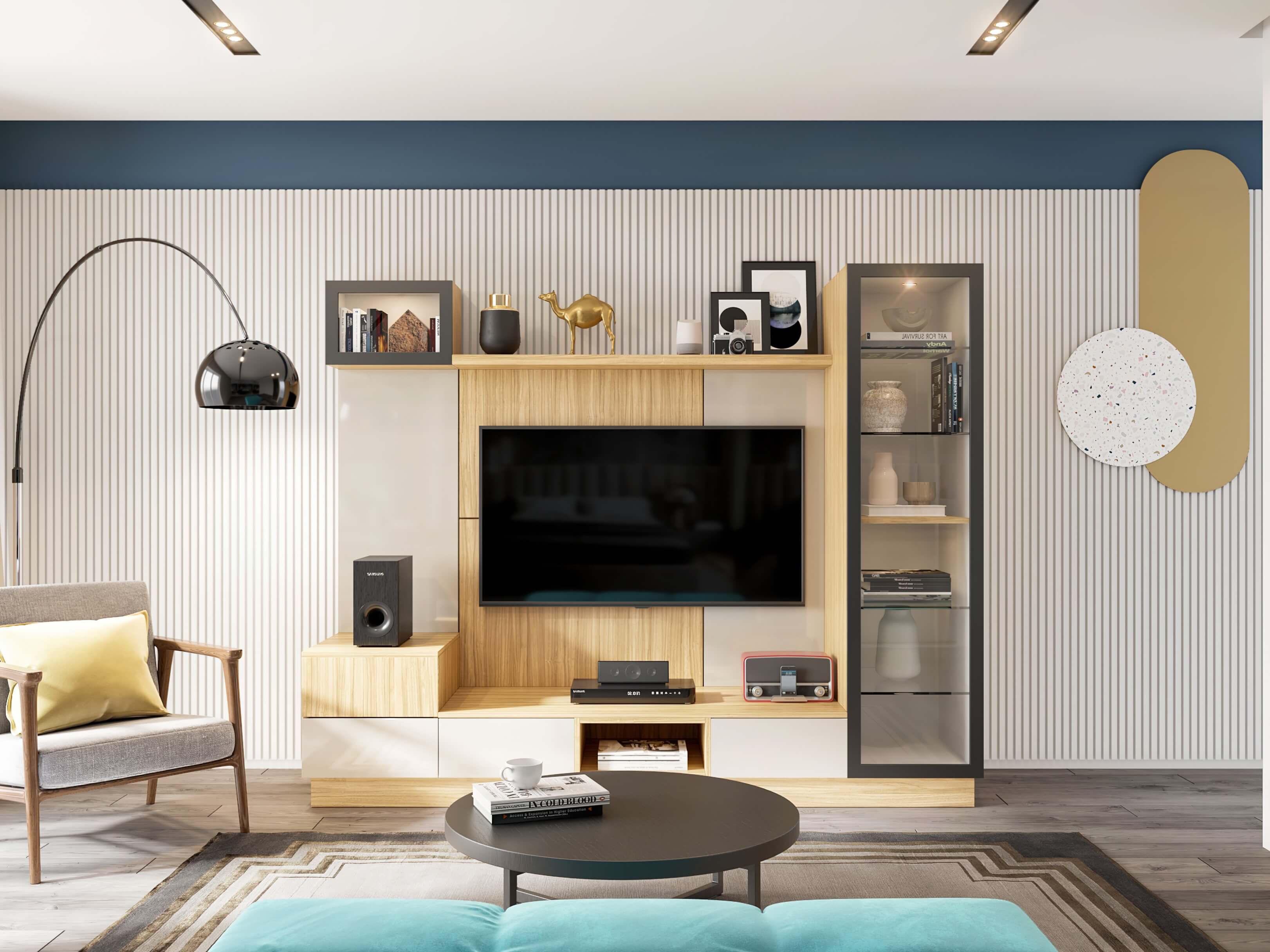 Functional dual tone tv unit ideas for elegant living room design - Beautiful Homes