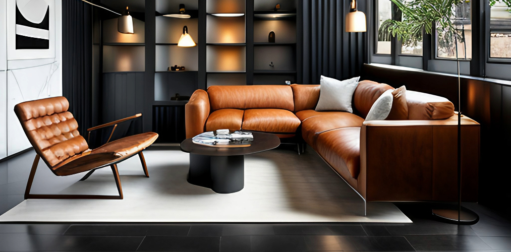 Living room design with brown leather sofa and black flooring-Beautiful Homes