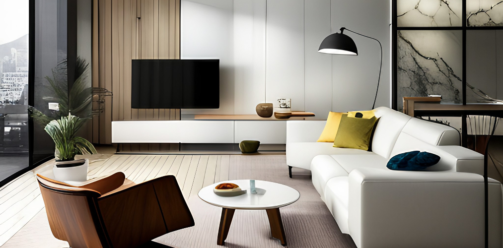 Minimalistic living room with white sofa and tv unit-Beautiful Homes