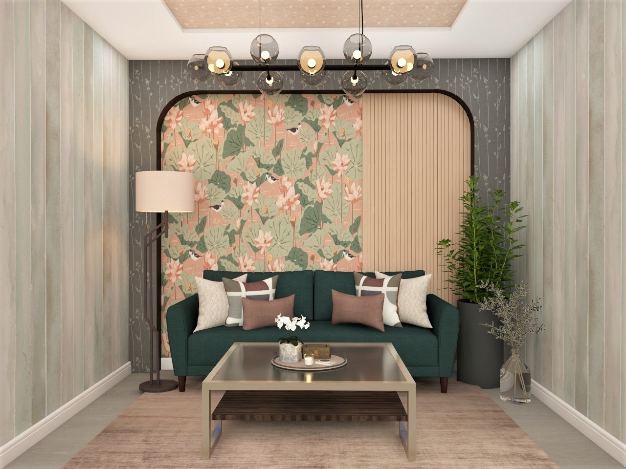 Living room design with green 3-seater sofa and floral wallpaper-Beautiful Homes