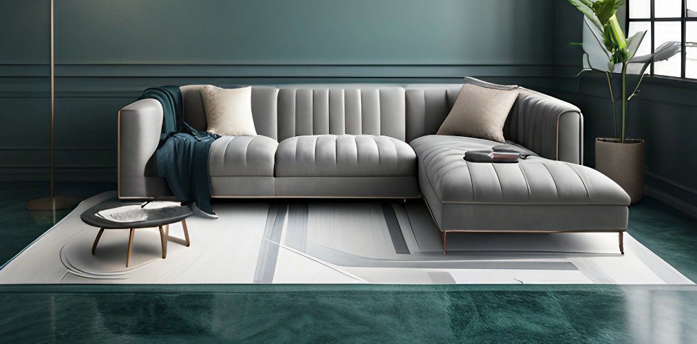 Living room design with grey velvet sofa and epoxy flooring - Beautiful Homes