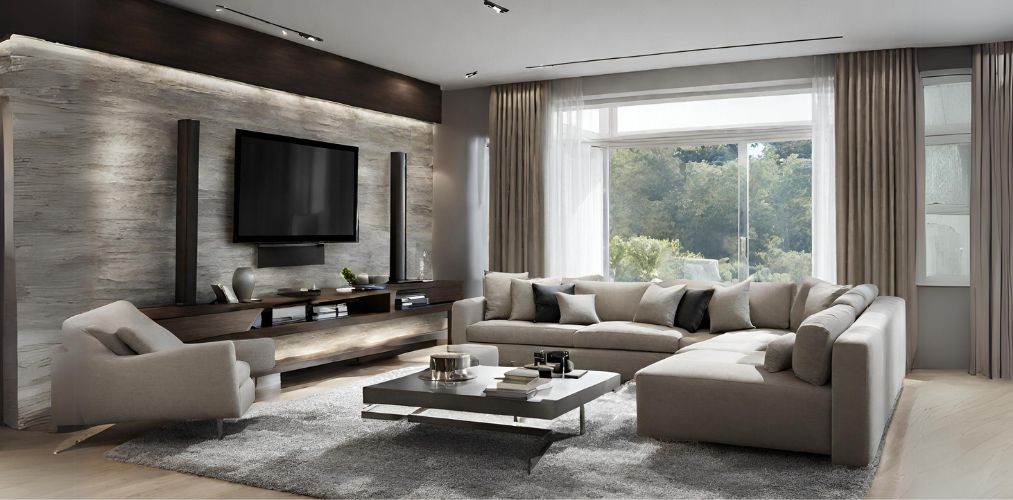 Living room design with l shaped sofa and wooden tv unit-Beautiful Homes
