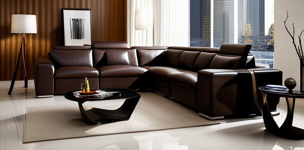 Living Room Design with Leather Sofa and epoxy flooring - Beautiful Homes