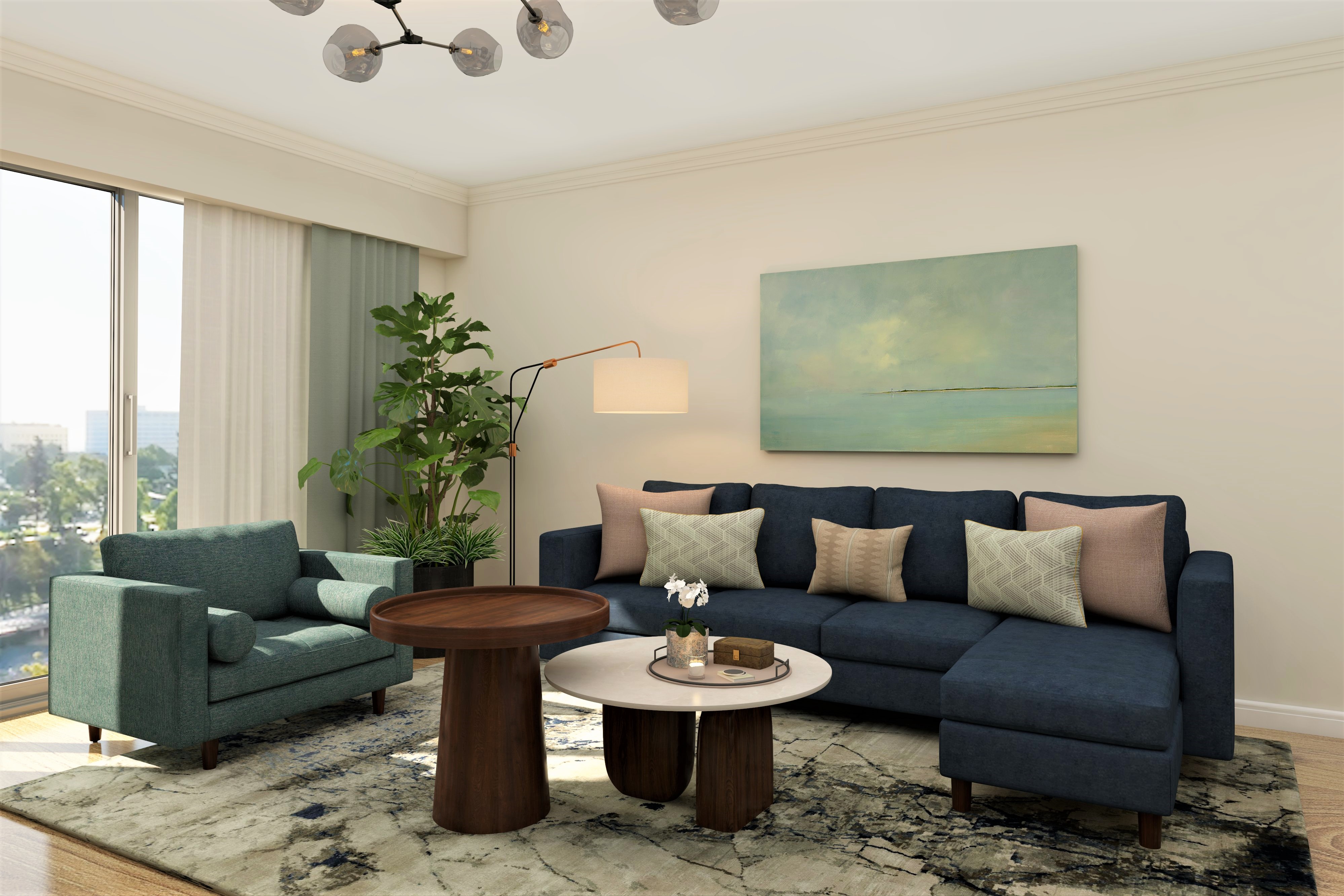 Modern living room with blue and green sofa and carpet-Beautiful Homes