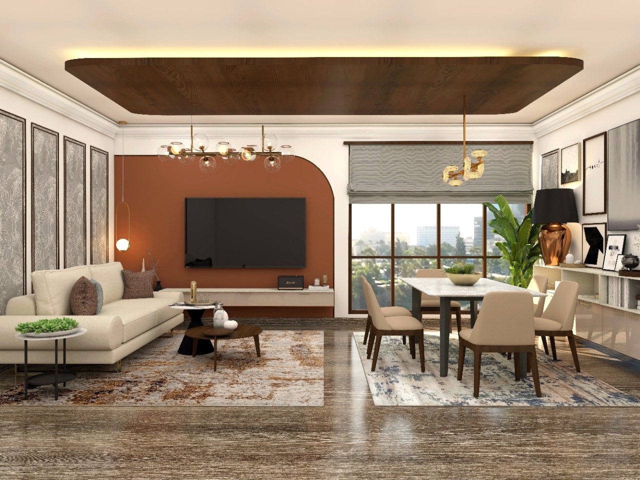 Living room design with neutral colors and wooden flooring-Beautiful Homes