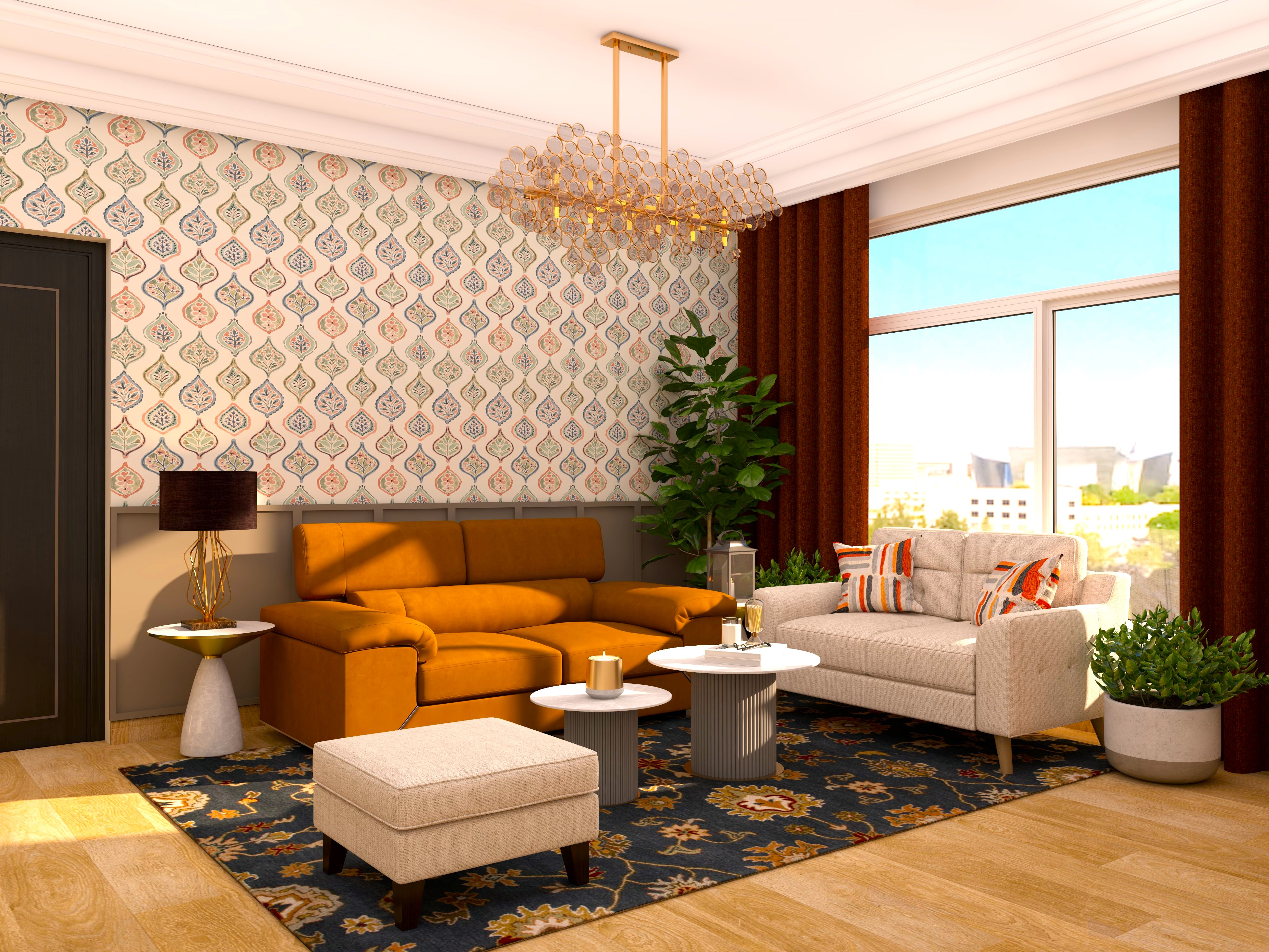 Living room design with orange sofa and carpet-Beautiful Homes