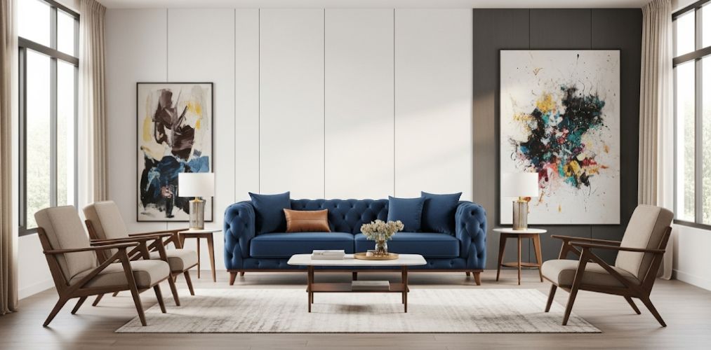 Living room with velvet sofa and abstract art - Beautiful Homes