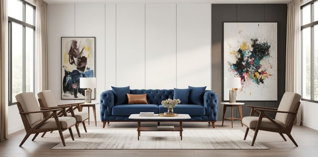 Living room with velvet sofa and abstract art - Beautiful Homes
