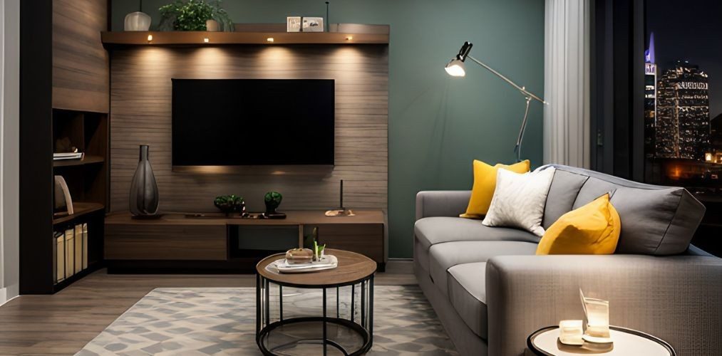 Living room with grey sofa and vinyl flooring-Beautiful Homes