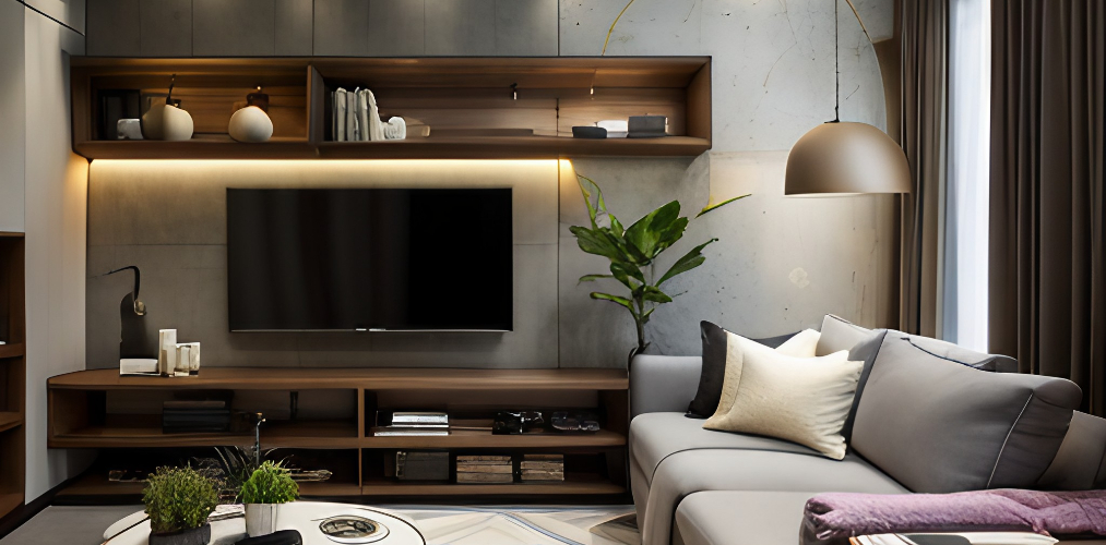 Grey sofa with tv unit and wall shelves-Beautiful Homes