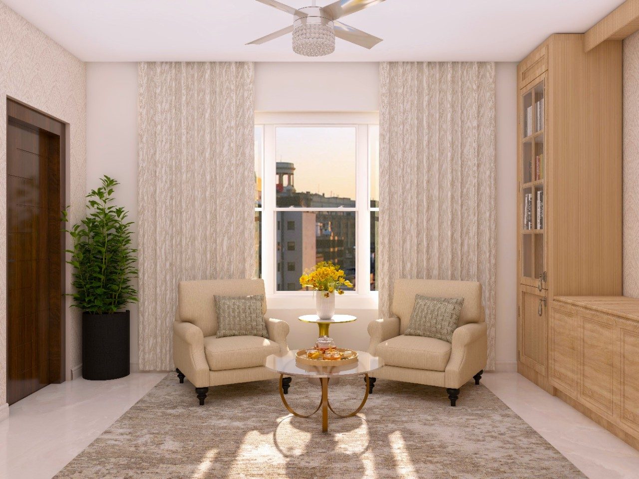 Living room design with two cream upholstered armchairs and glass coffee table-Beautiful Homes