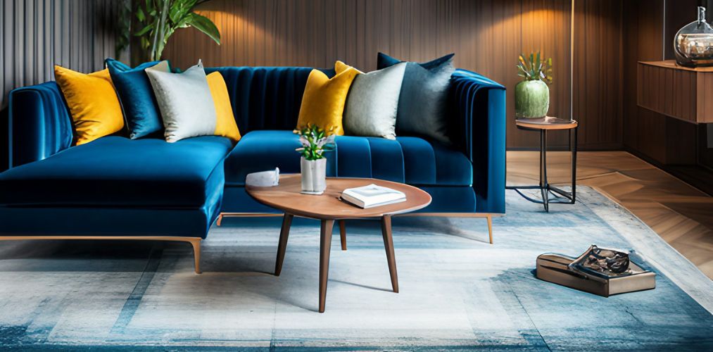 Living room design with blue velvet sofa and carpet-Beautiful Homes