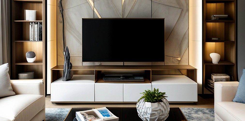 Living room design with white tv cabinet and wooden shelves-Beautiful Homes