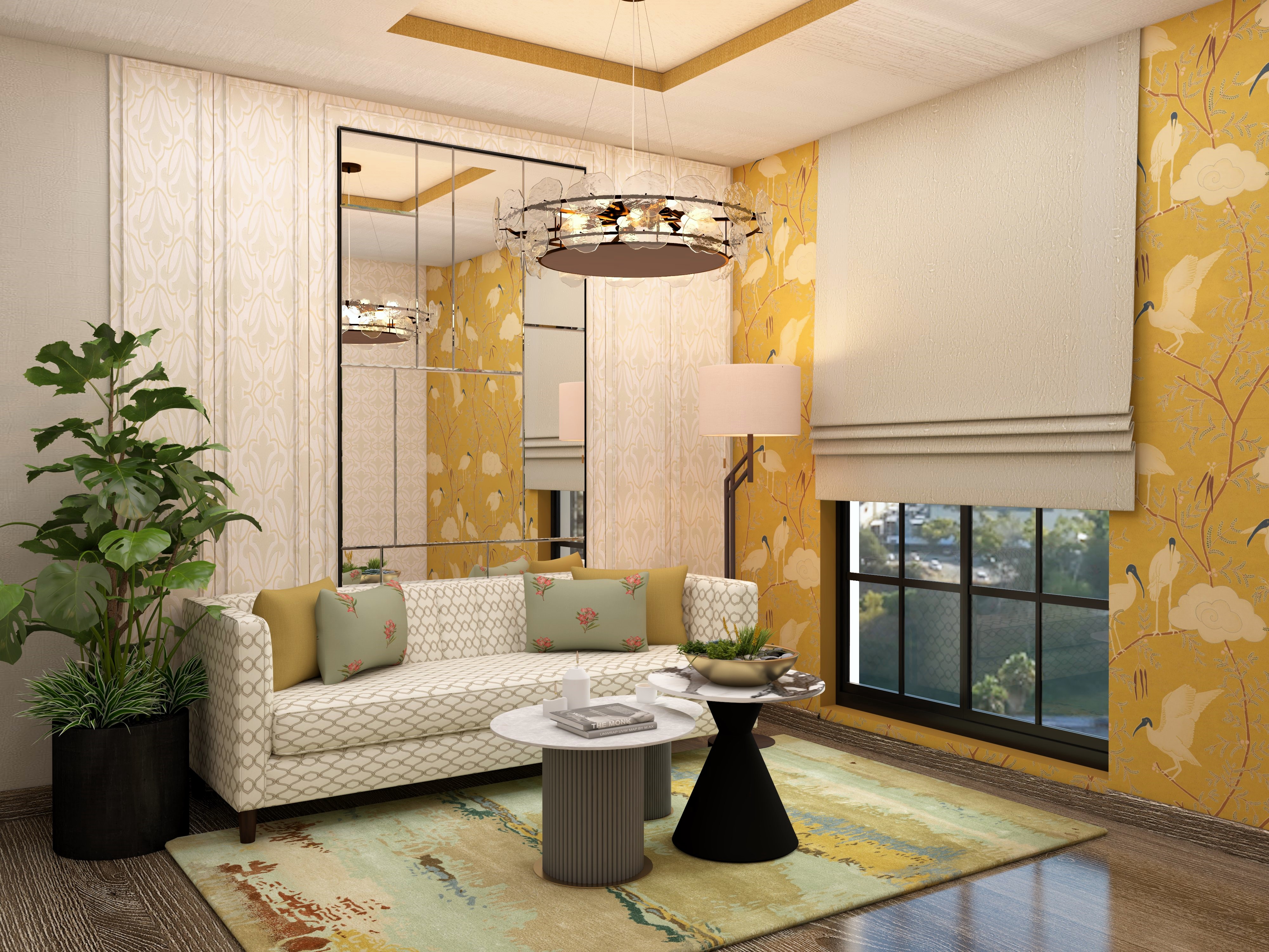 Living room design with yellow Nilaya wallpaper and white patterned sofa - Beautiful Homes