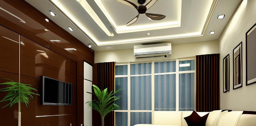 Living room false ceiling with fan and cove lighting in white - Beautiful Homes