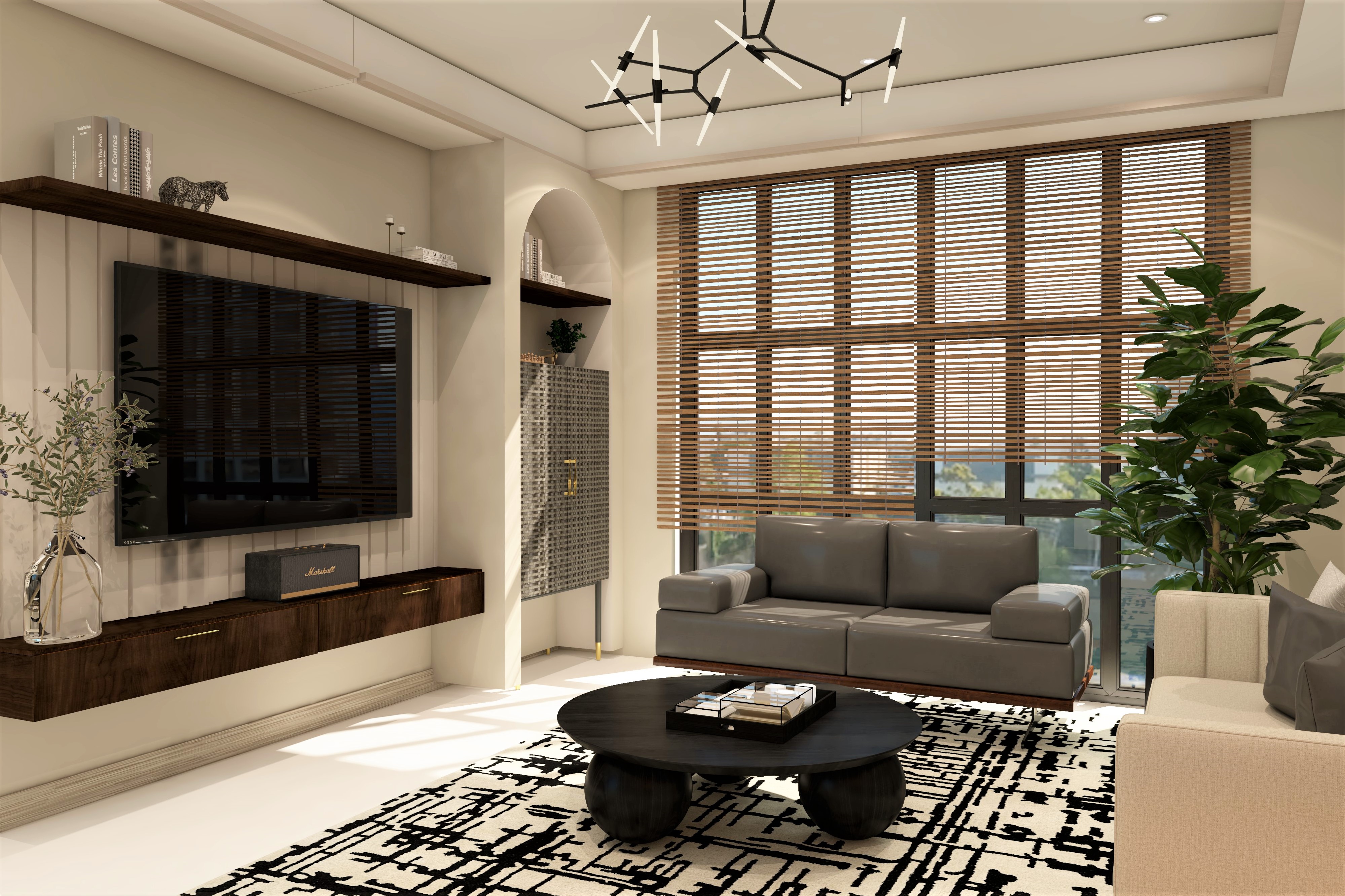 Living room with 3-seater grey sofa and blinds-Beautiful Homes