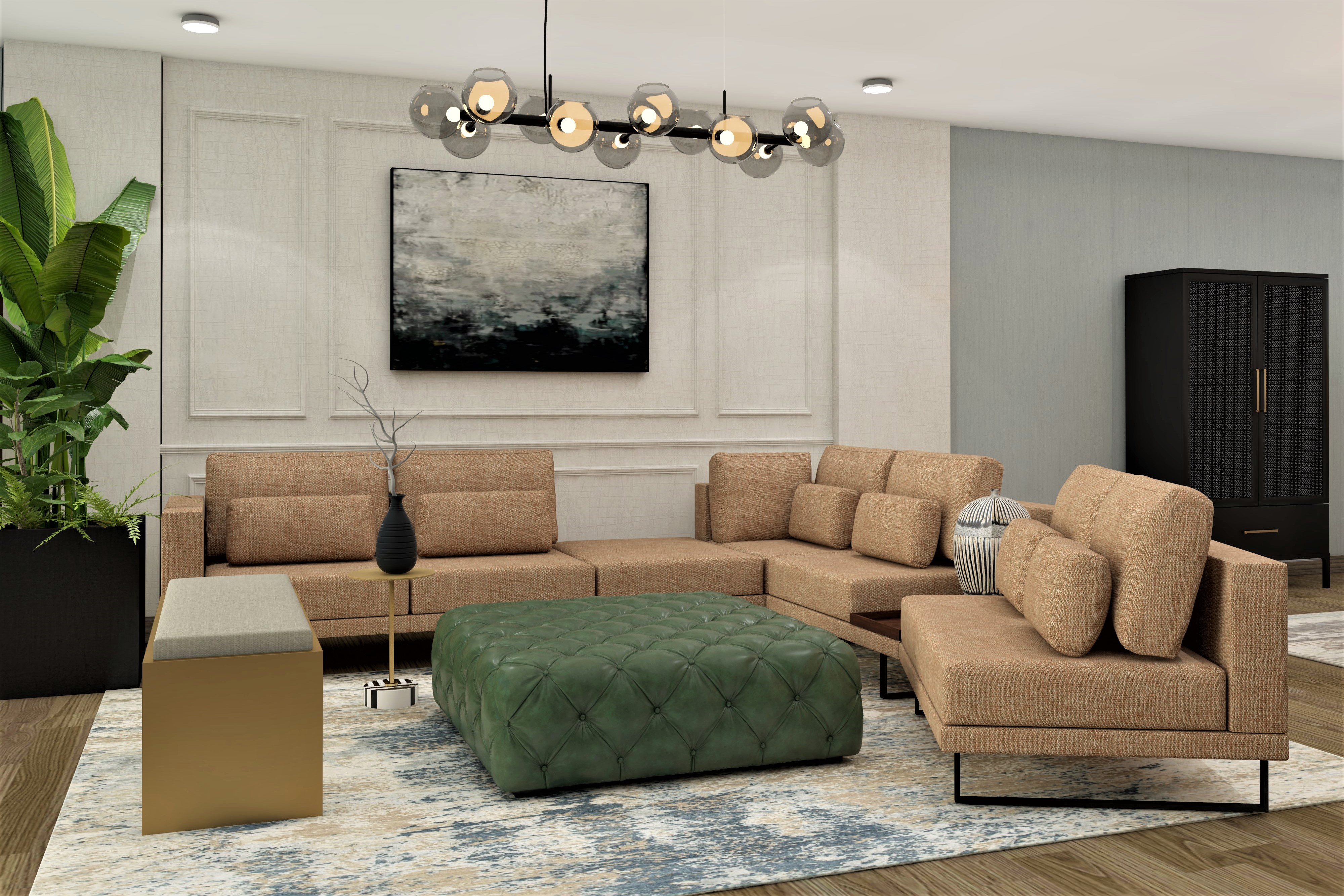 Living room with beige sofa and white wall paneling-Beautiful Homes