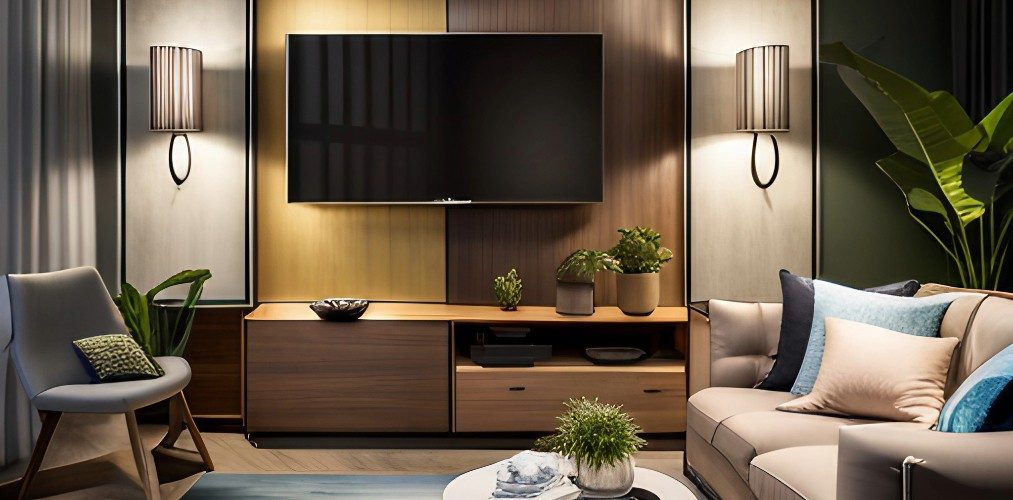 Living room wooden TV unit with drawers and lights-Beautiful Homes