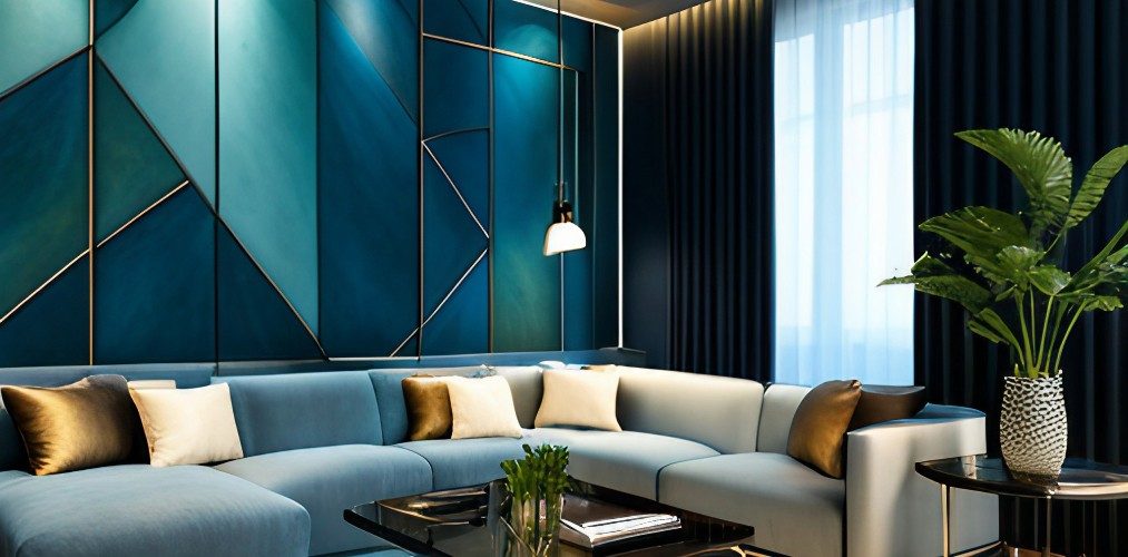 Living room wall design with blue wallpaper and golden accents-Beautiful Homes